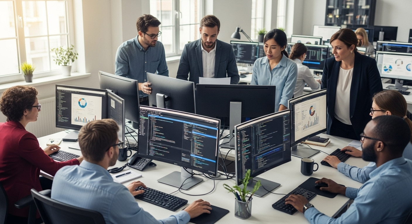 Professional software development team at work